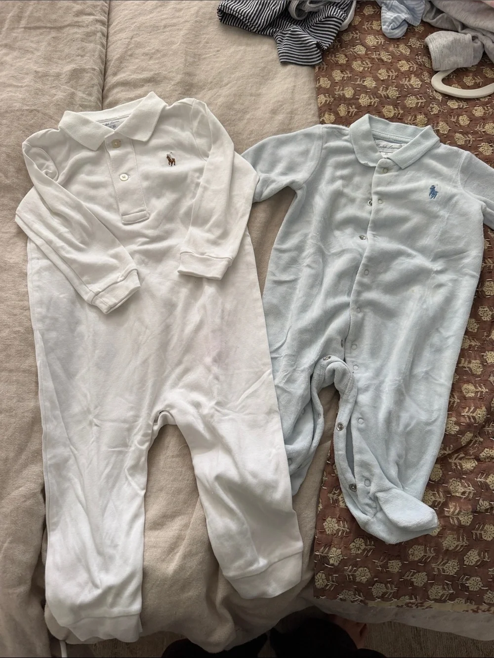 Ralph Lauren Baby Polo One-Piece Romper - White and Light Blue